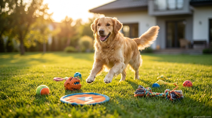 Golden retriever playing with dog toys on a green lawn