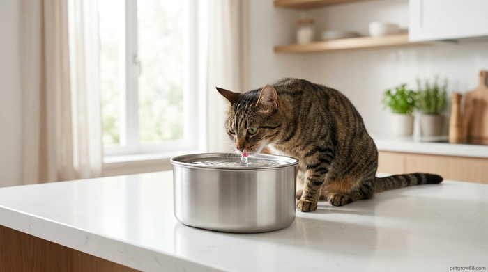 Cat drinking from a stainless steel water fountain