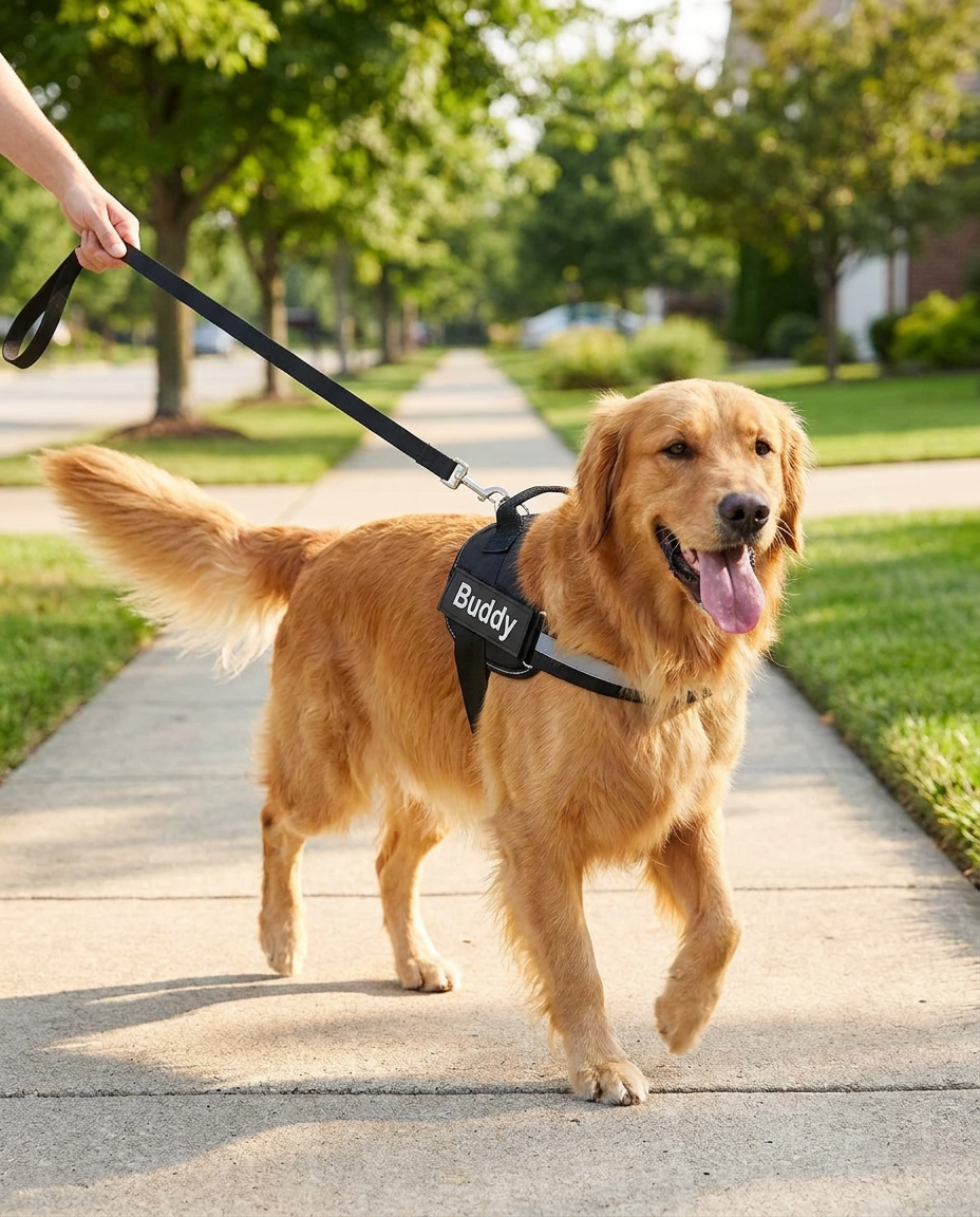 No-Pull Dog Harness - dog wearing harness on a walk, reflective stitching visible